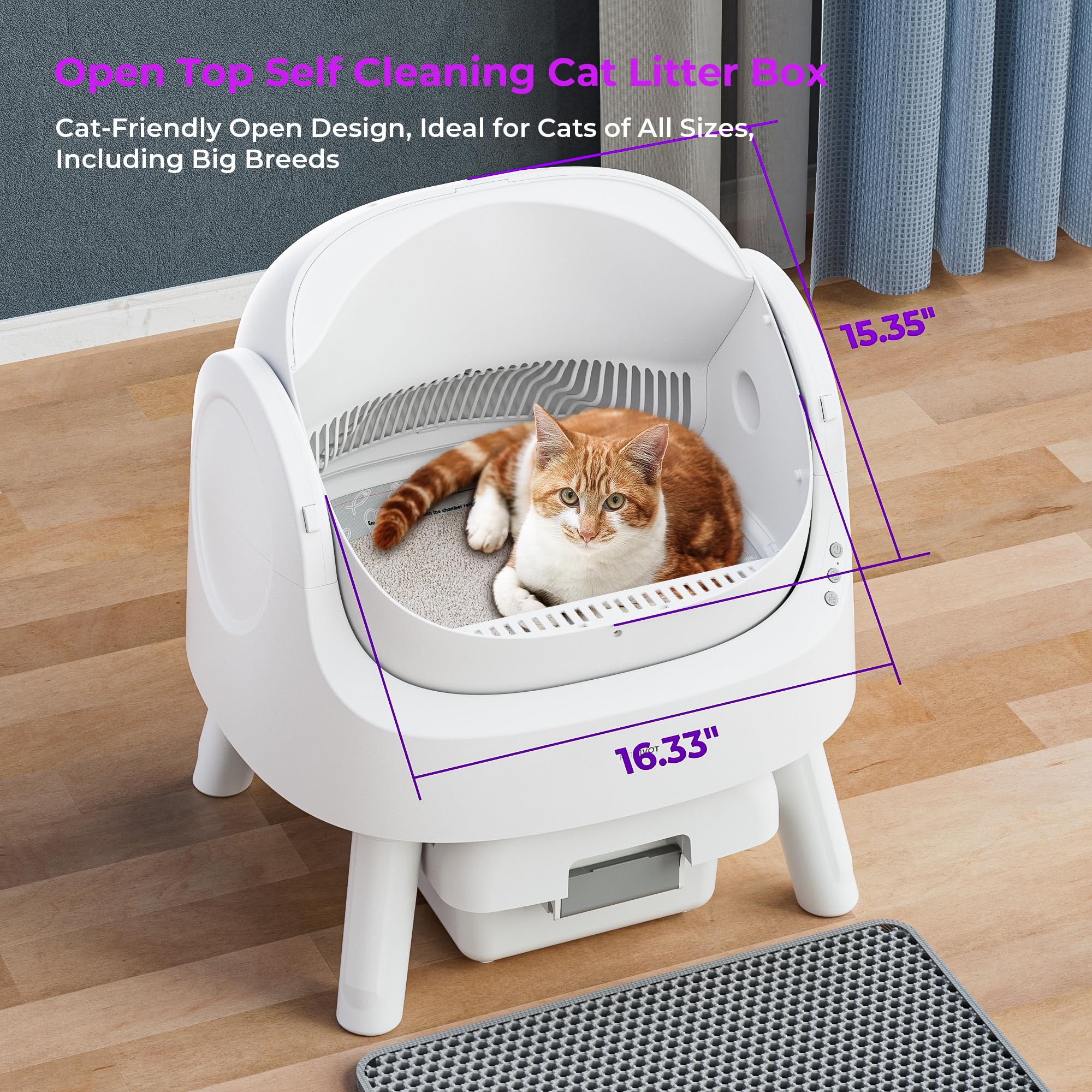 Self Cleaning Cat Litter Box, Open Top Litter Box for Multiple Cats, Automatic Cat Litter Box with Liners and Mat Included, White