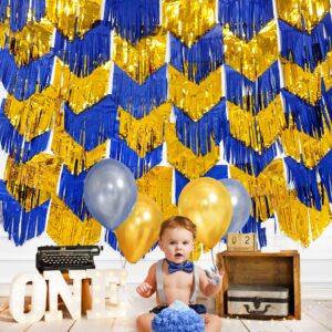 Royal Blue Gold Tassel Backdrop Tissue Paper Metallic Foil Fringe Tinsel Garland Streamers Bunting Banner for Graduation Birthday Anniversary Bachelorette Wedding Engagement Party Decorations Supplies