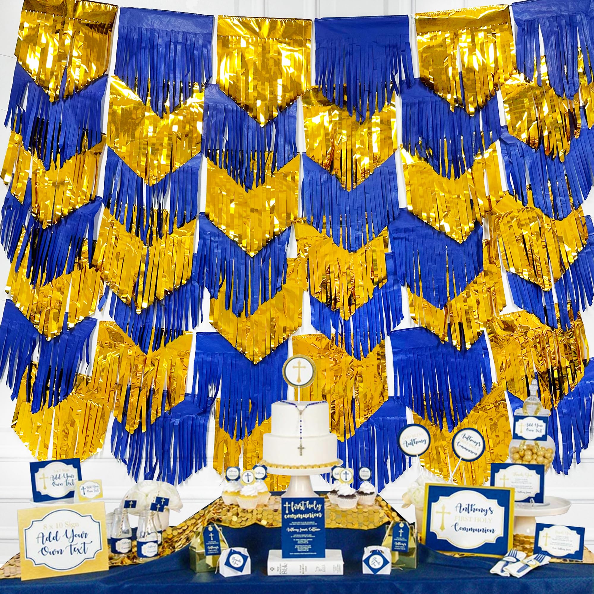 Royal Blue Gold Tassel Backdrop Tissue Paper Metallic Foil Fringe Tinsel Garland Streamers Bunting Banner for Graduation Birthday Anniversary Bachelorette Wedding Engagement Party Decorations Supplies