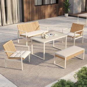 grand patio 5-piece outdoor dining set, wicker patio dining table set for 6 with bench and seat cushion, outdoor patio furniture dining chair set for backyard, garden, deck