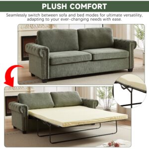 amervanito 83.8" Pull Out Couch, Full Size 2 in 1 Pull Out Sofa Bed, Convertible Couch Bed with Rolled Arms & Mattress, Sleeper Sofa Couch for Living Room, Apartment, Small Spaces (Green)