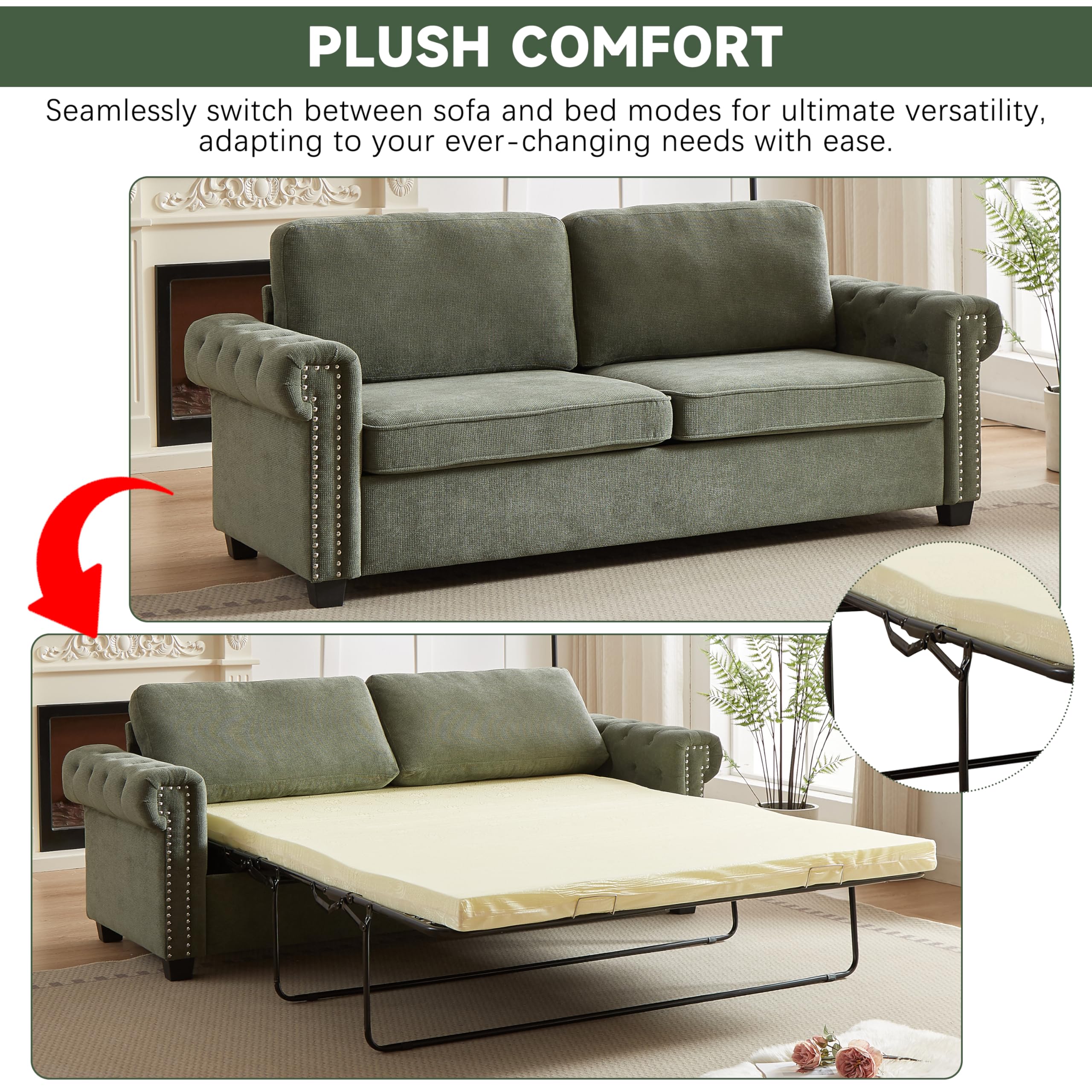 amervanito 83.8" Pull Out Couch, Full Size 2 in 1 Pull Out Sofa Bed, Convertible Couch Bed with Rolled Arms & Mattress, Sleeper Sofa Couch for Living Room, Apartment, Small Spaces (Green)