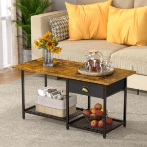 daoutime small coffee tables for living room with drawer, 2-tier center small table for small spaces, farmhouse simple table with 2 wire mesh storage racks, 15.79" d x 33.11" w x 16.81" h