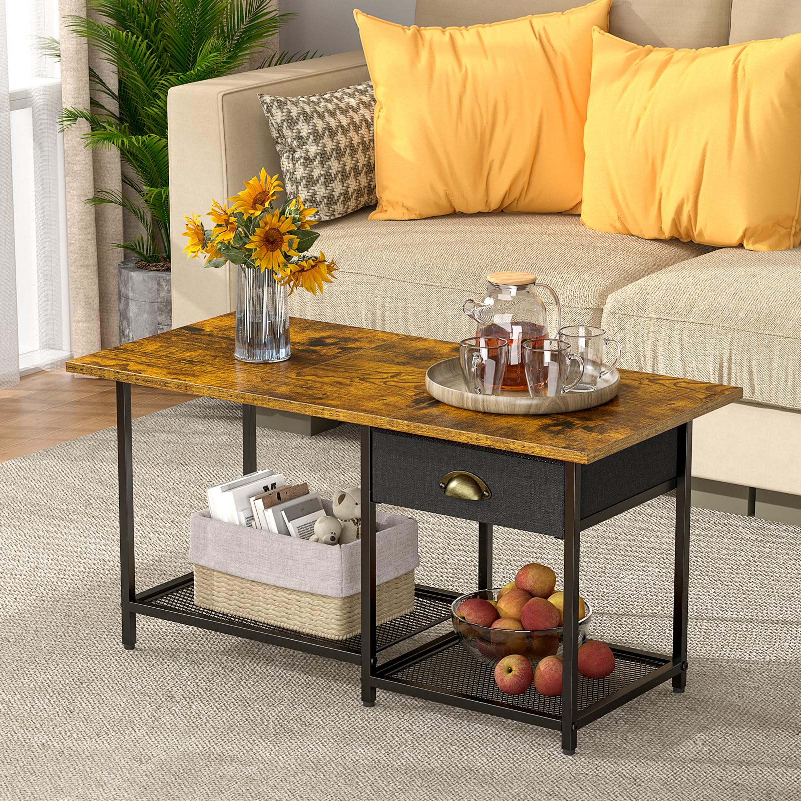 DAOUTIME Small Coffee Tables for Living Room with Drawer, 2-Tier Center Small Table for Small Spaces, Farmhouse Simple Table with 2 Wire Mesh Storage Racks, 15.79" D X 33.11" W X 16.81" H