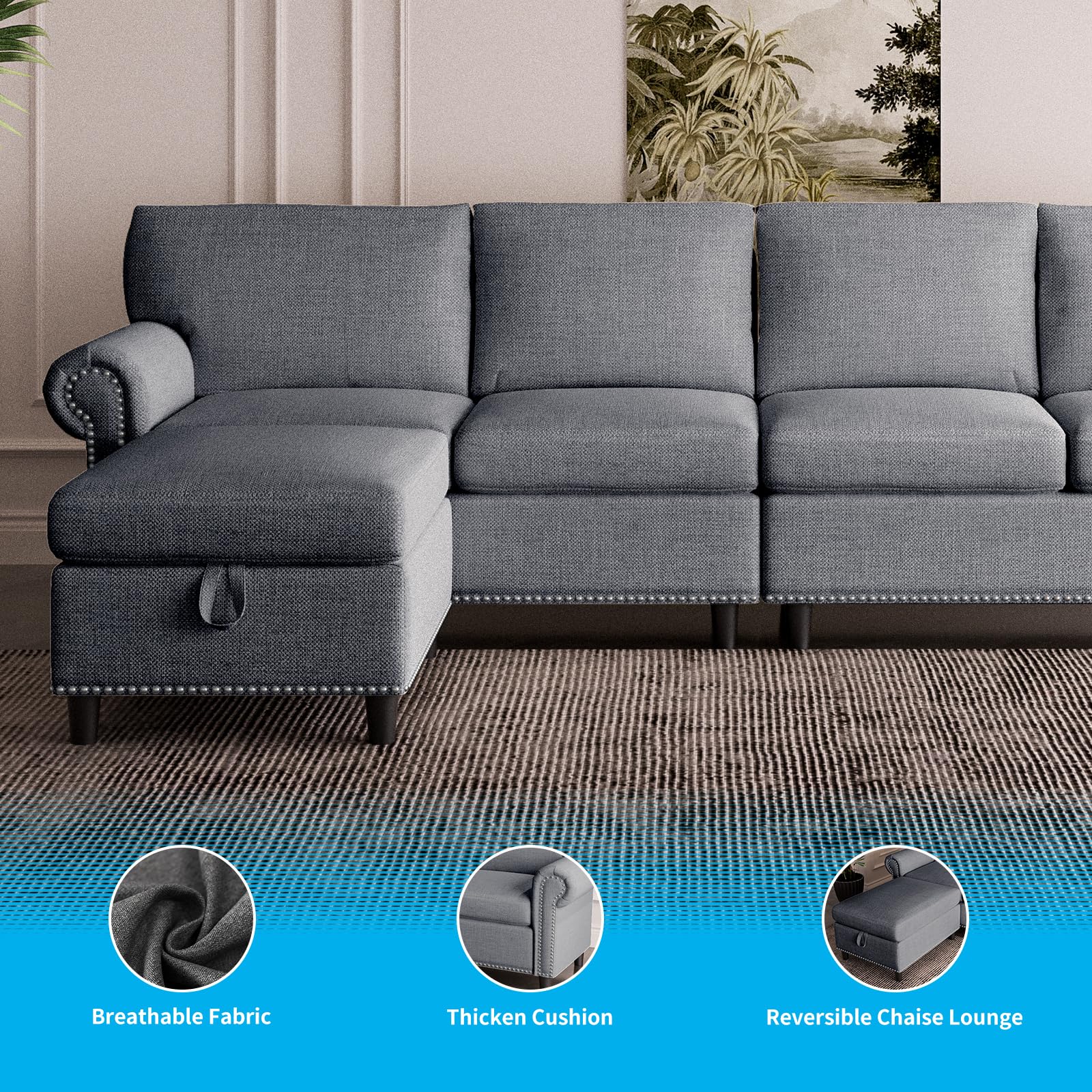 ADOWORE 5 Pieces Sectional Couch Modular Sofa with Reversible Chaise 101" L-Shaped Couch Sofa 4-seat Modular Large Sectional Couch with Ottoman for Living Room, Upholstered Cushion