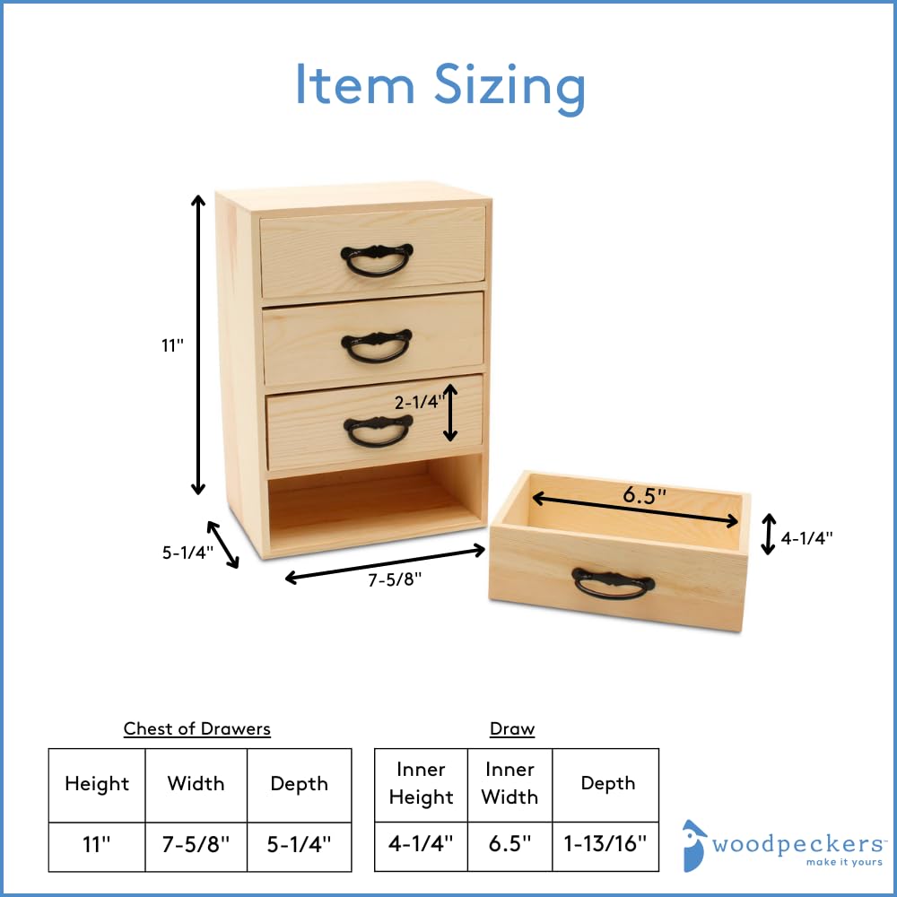 Wood Desk Organizer with Drawers for DIY Desk Storage, 11 Inch, Pack of 1, 4 Drawers w/Metal Handles for Craft Supplies/Jewelry, by Woodpeckers