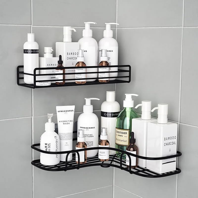 Generic Bathroom kitchen Punch Corner Frame Shower Shelf Wrought Iron Shampoo Storage Rack Holder with Suction Cup bathroom accessories, Corner/Shelf/Rack/Storage Organizer (Black(1pc))