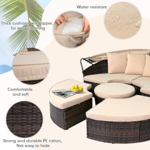 Betterland Outdoor Furniture Patio Round Daybed with Retractable Canopy, Brown Wicker Clamshell Sectional Seating with Cushions for Patio, Backyard, or Porch, Pool Round Bed