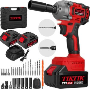 tiktik 600n.m cordless impact wrench set,1/2 inch compact impact gun,442 ft-lbs brushless impact wrench w/ 2x4.0ah battery & 5 sockets,21v power impact driver set for car home