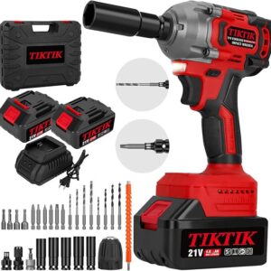 TIKTIK 600N.m Cordless Impact Wrench Set,1/2 Inch Compact Impact Gun,442 FT-LBS Brushless Impact Wrench w/ 2x4.0Ah Battery & 5 Sockets,21V Power Impact Driver Set for Car Home