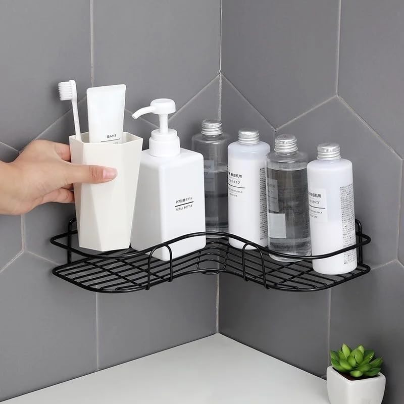 Generic Bathroom kitchen Punch Corner Frame Shower Shelf Wrought Iron Shampoo Storage Rack Holder with Suction Cup bathroom accessories, Corner/Shelf/Rack/Storage Organizer (Black(1pc))