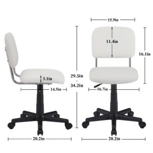 VECELO Armless Home Office Sherpa Vanity Chair with Wheels Faux Fur, Swivel Height Adjustable for Bedroom Makeup, White