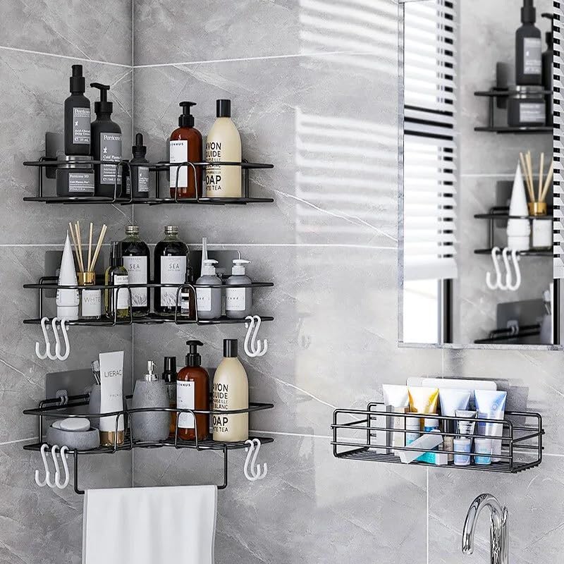 Generic Bathroom kitchen Punch Corner Frame Shower Shelf Wrought Iron Shampoo Storage Rack Holder with Suction Cup bathroom accessories, Corner/Shelf/Rack/Storage Organizer (Black(1pc))