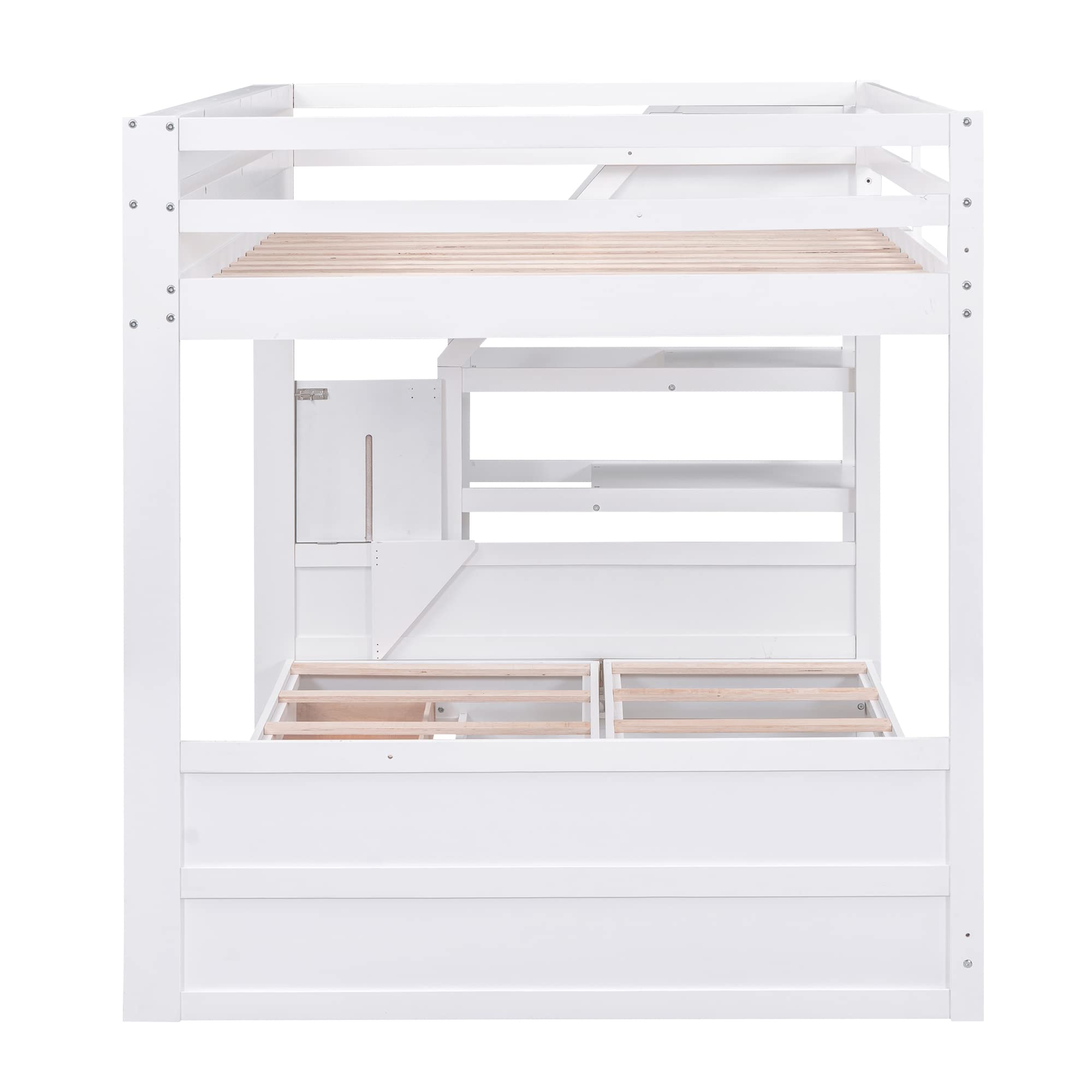 Harper & Bright Designs Full Over Full/Futon Bunk Beds with Stairs and 3 Drawers, Built-in Shelf, Bottom Bed can be Converted into Daybed, Solid Wood Bunk Bed Frame (White)