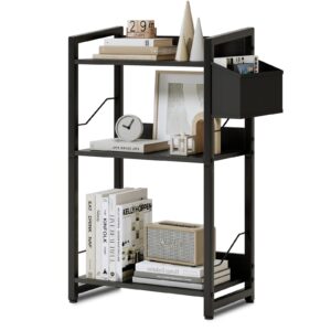 xiv bookshelf, 3 tier industrial bookshelf, metal small bookcase, book shelf storage organizer with side storage for living room, bedroom, and home office (black, 3 tier)