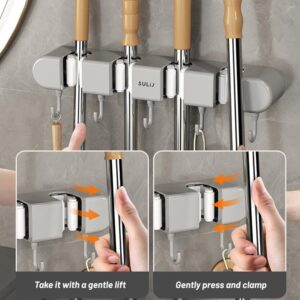 BBASILIYSD Punch Free Multifunctional Mop Holder,Multifunctional Mop Holder with Hook, Wall Mount Self Adhesive Broom,Broom Handle Holder with 3/4/5 Holders,for Kitchen, Bathroom, Garage