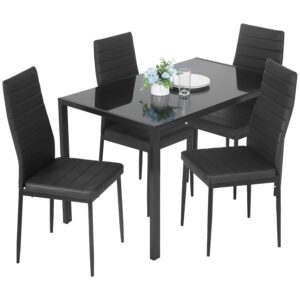 ruesleag dining table set 5-piece dining room glass tabletop table &upholstered chairs for 4 modern kitchen table with chairs space-saving home furniture for dining room kitchen living room,black