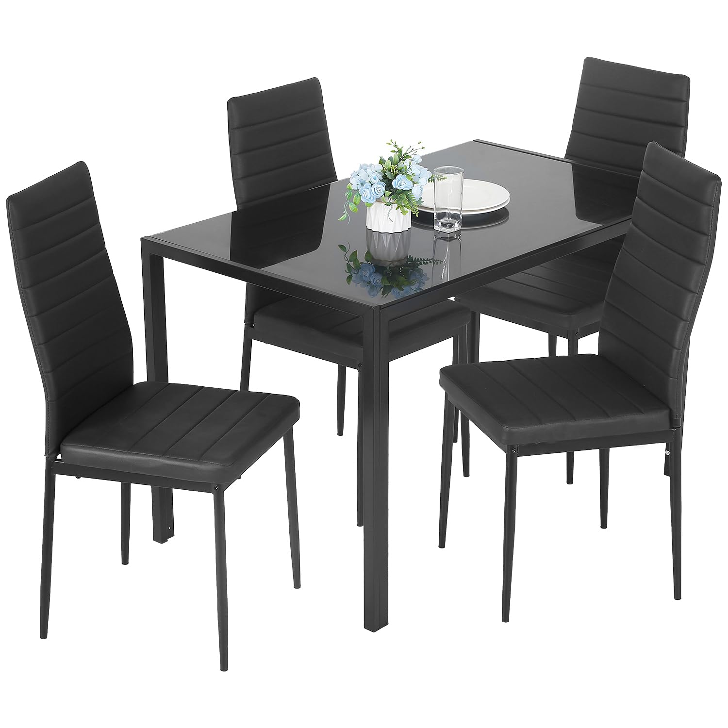 Ruesleag Dining Table Set 5-Piece Dining Room Glass Tabletop Table &Upholstered Chairs for 4 Modern Kitchen Table with Chairs Space-Saving Home Furniture for Dining Room Kitchen Living Room,Black