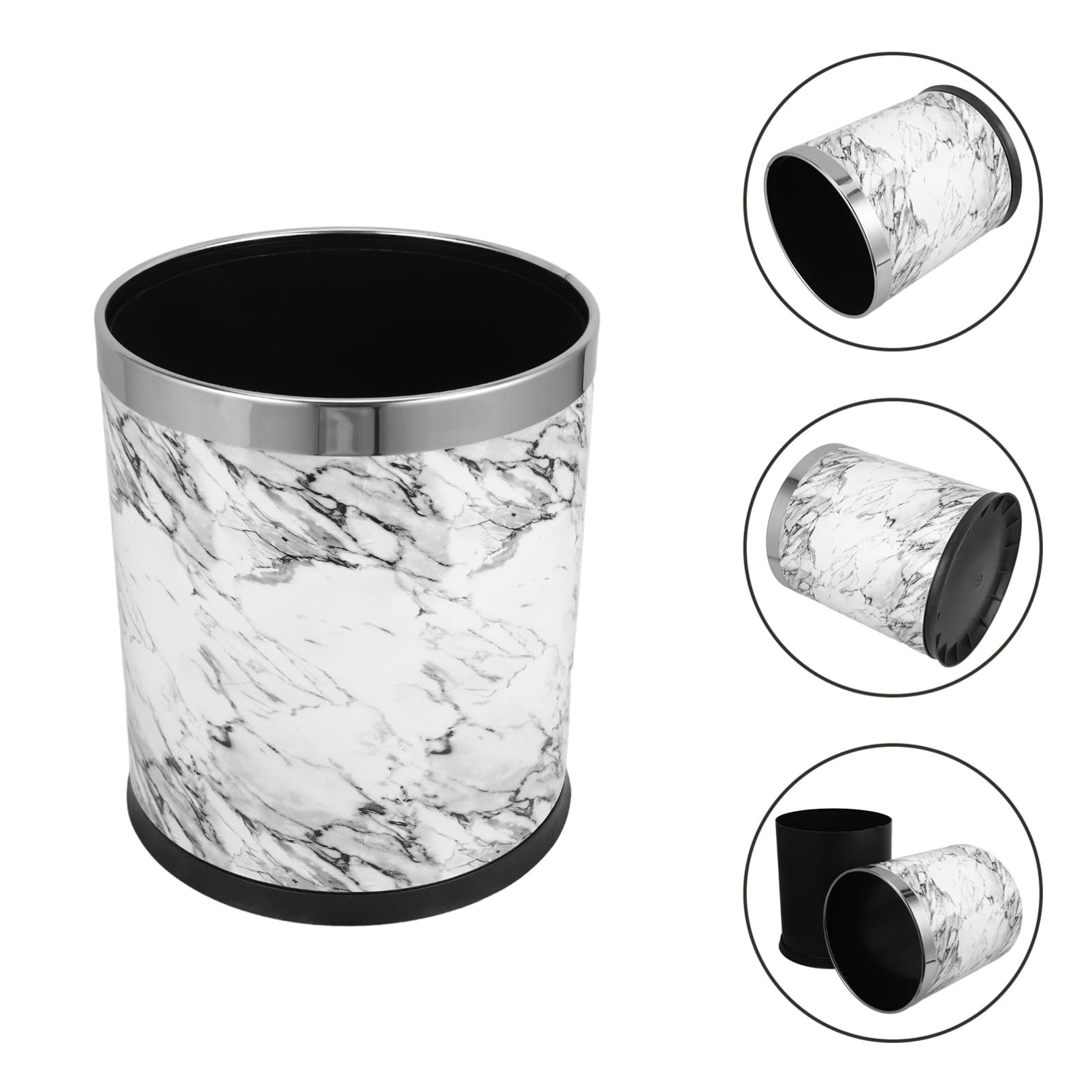 Luxshiny Office Trash Can Round Metal Wastebasket Marble Garbage Basket Bin for Bathroom Bedroom Kitchen Home Office White 10L