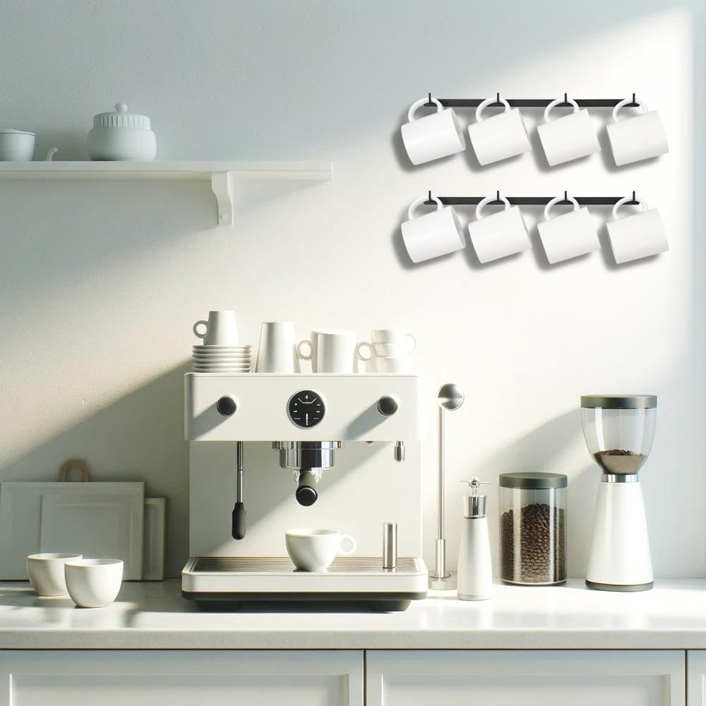 Mug Holder Wall Mounted Metal Coffe Mug Wall Rack 2 Packs Coffe Cup Holder Organizer for Wall, 8 Mug Hooks Storage Kitchen Dining Room Coffee Bar