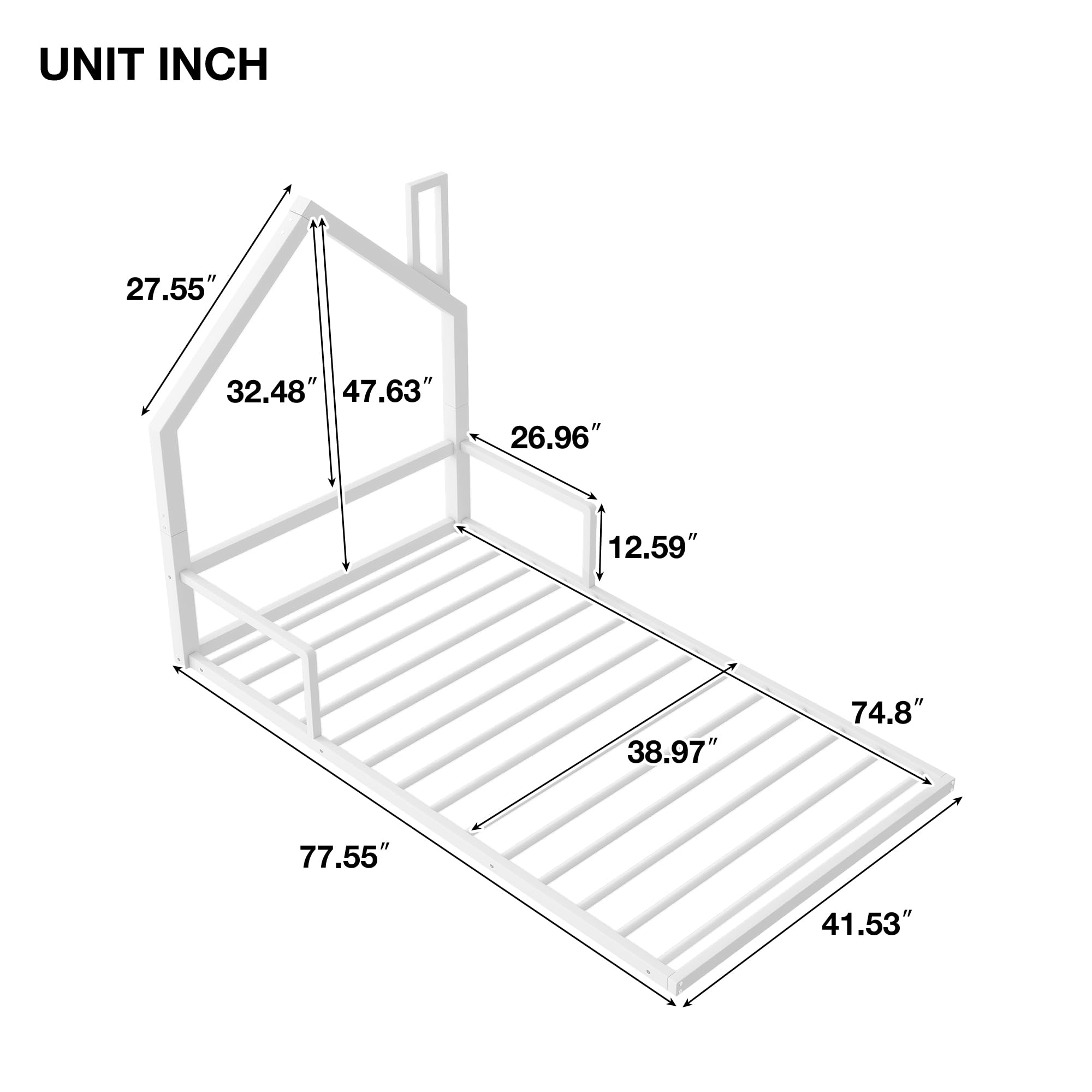 Bellemave Twin Floor Bed for Kids, Metal Twin Bed for Boys, girs, Twin Bed Frame with House-Shaped Headboard, Twin Size Montessori Floor Bed, White