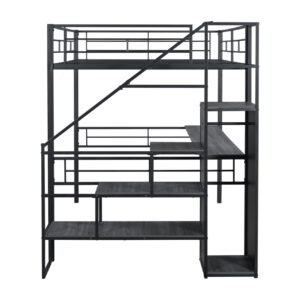 DNYN Stairway Full Size Metal Loft Bed with Desk for Kids,Adults,Heavy Duty Bedframe w/Storage & Wardrobe,Space Saving Design & No Box Spring Needed, Black