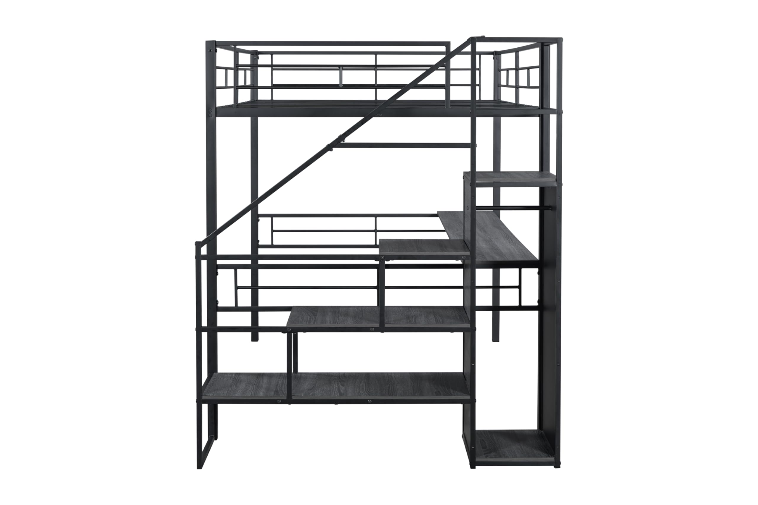 DNYN Stairway Full Size Metal Loft Bed with Desk for Kids,Adults,Heavy Duty Bedframe w/Storage & Wardrobe,Space Saving Design & No Box Spring Needed, Black