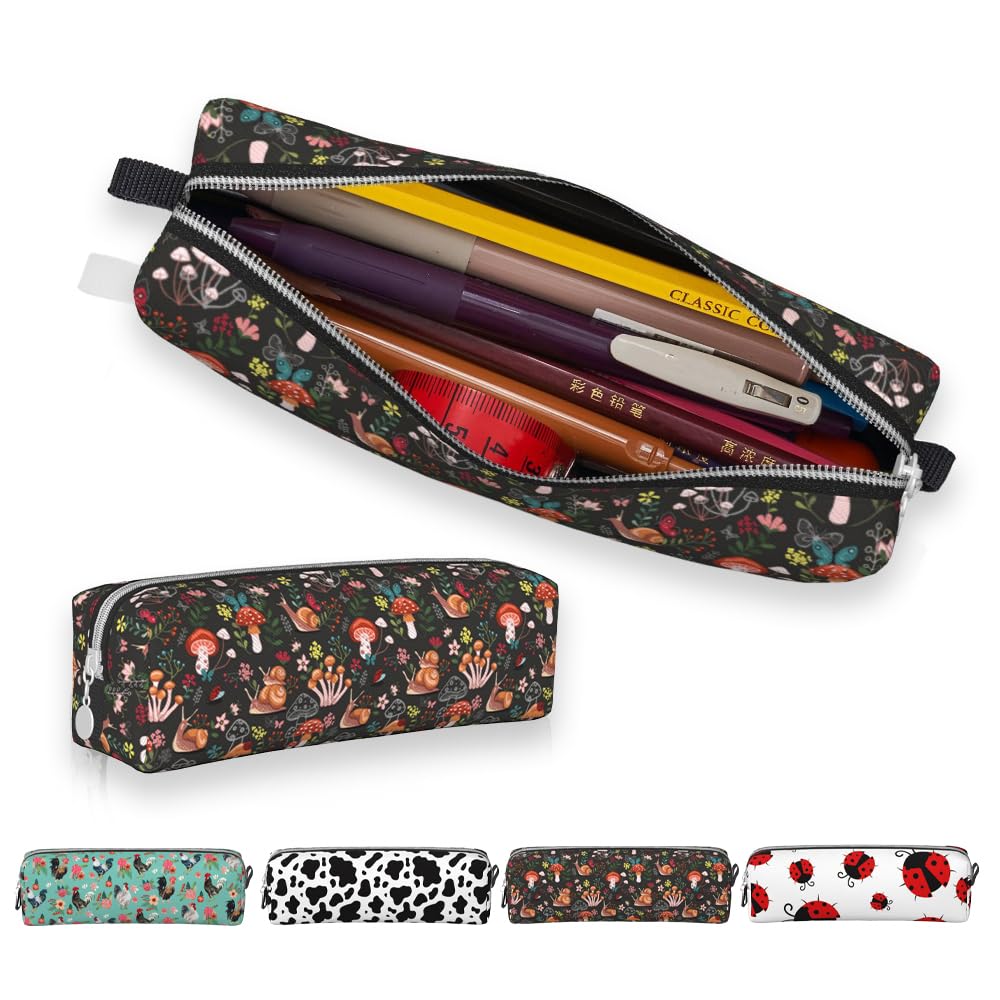 SEGXCFL Mushroom Pencil Case for Girls Boys Small Leather Pencil Pouch Pencil Bags with Zipper for School Office College Back to School Gifts, Black