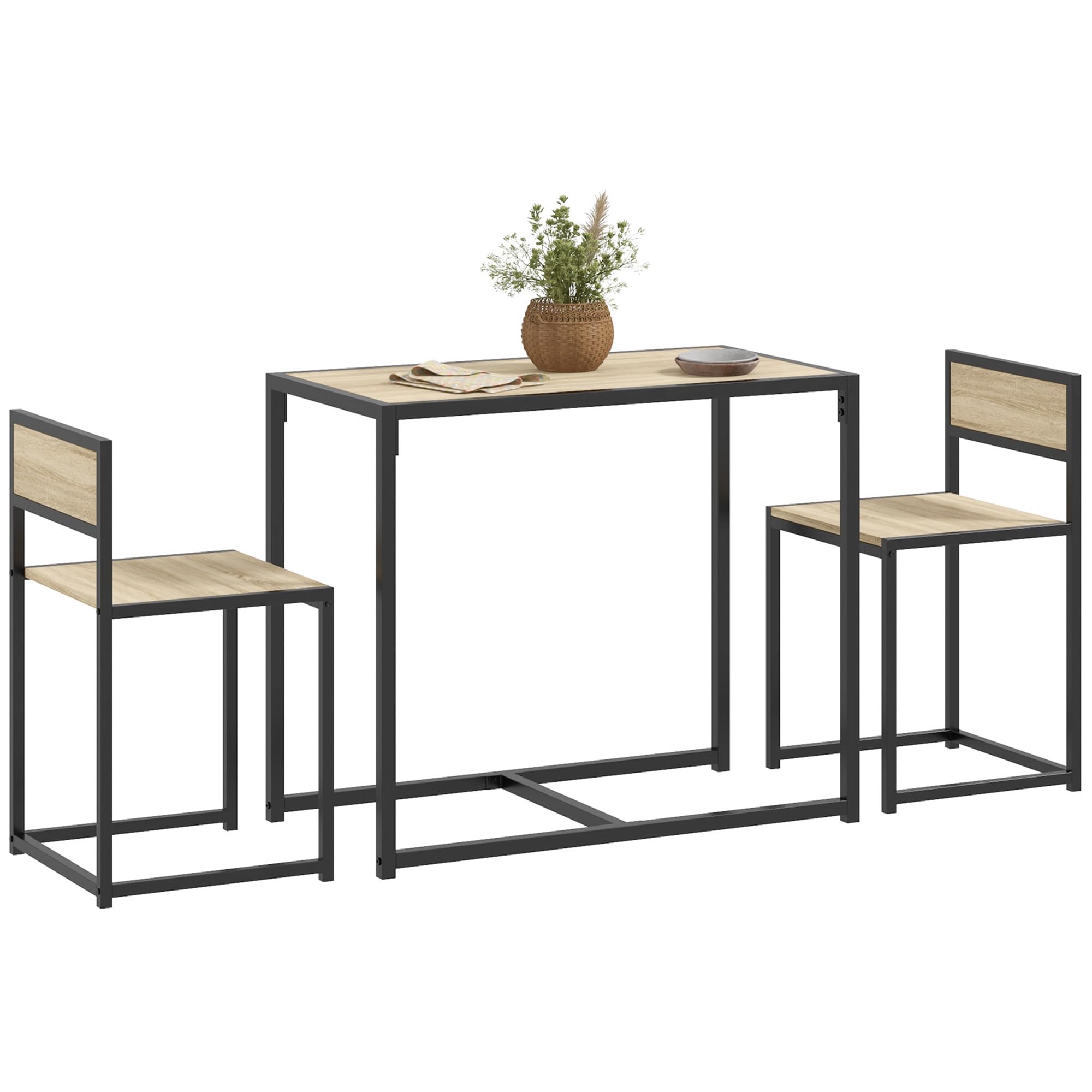 HOMCOM 3-Piece Industrial Dining Table Set for 2, Kitchen Table and Chairs, Dining Room Sets for Small Spaces, Oak