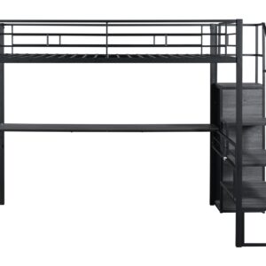 DNYN Stairway Full Size Metal Loft Bed with Desk for Kids,Adults,Heavy Duty Bedframe w/Storage & Wardrobe,Space Saving Design & No Box Spring Needed, Black