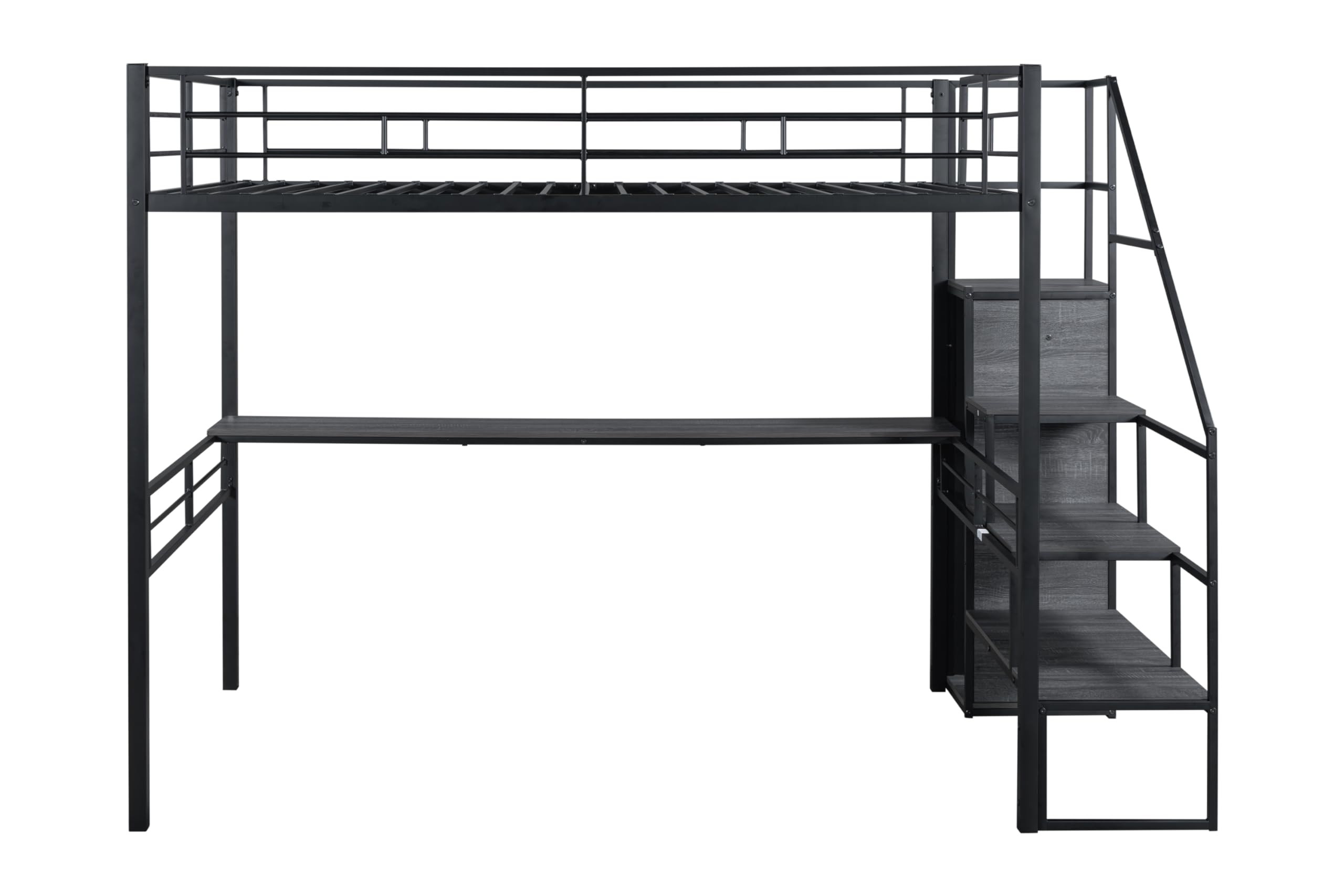 DNYN Stairway Full Size Metal Loft Bed with Desk for Kids,Adults,Heavy Duty Bedframe w/Storage & Wardrobe,Space Saving Design & No Box Spring Needed, Black