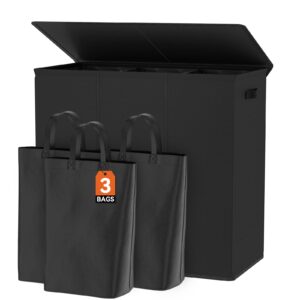 wowlive 180l laundry hamper with lid 3 section,large laundry basket with removable bags and handles,collapsible dirty clothes hampers for laundry,laundry basket organizer for laundry room,dorm,black