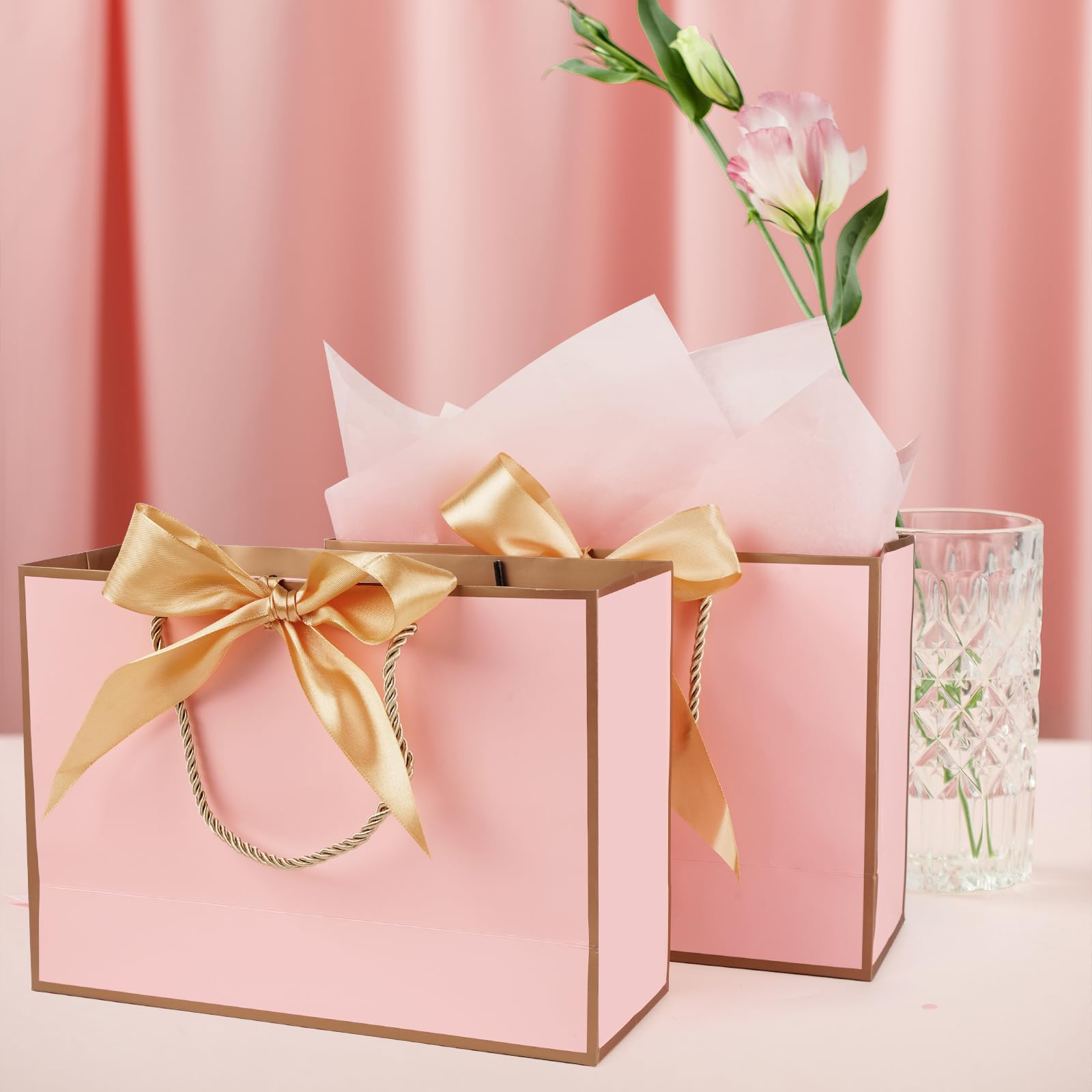 Gfractolux Large Gift Bags for Present, 1 Pcs Gift Bags for Women Men with Tissue Paper and Cards, Gift Bags for Birthdays, Baby Shower, Wedding, Party, Holiday 14.2" x 9.8" x 4.7" (Pink and Gold)