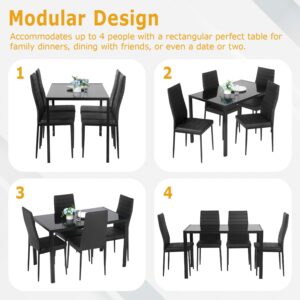 Ruesleag Dining Table Set 5-Piece Dining Room Glass Tabletop Table &Upholstered Chairs for 4 Modern Kitchen Table with Chairs Space-Saving Home Furniture for Dining Room Kitchen Living Room,Black