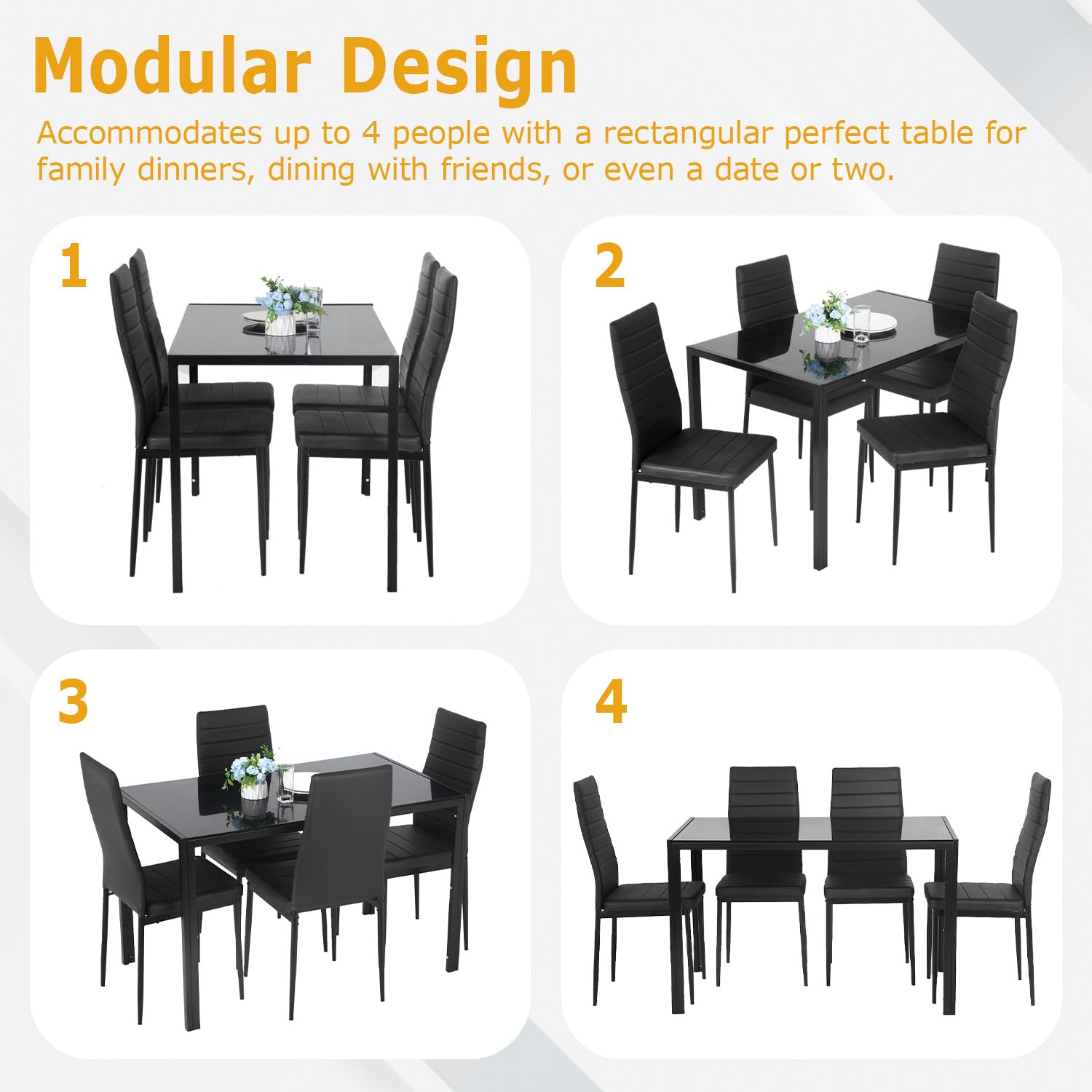 Ruesleag Dining Table Set 5-Piece Dining Room Glass Tabletop Table &Upholstered Chairs for 4 Modern Kitchen Table with Chairs Space-Saving Home Furniture for Dining Room Kitchen Living Room,Black