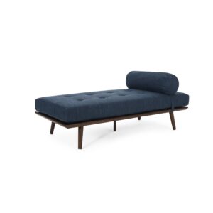 LOPOO Mid-Century Button-Tufted Fabric Chaise Lounge, Rubberwood Frame, Detachable Bolster Pillow, Waffle Stitch Design, 64" L x 29" W x 24.5" H, Stylish Splayed Legs, Iconic Design, Navy Blue