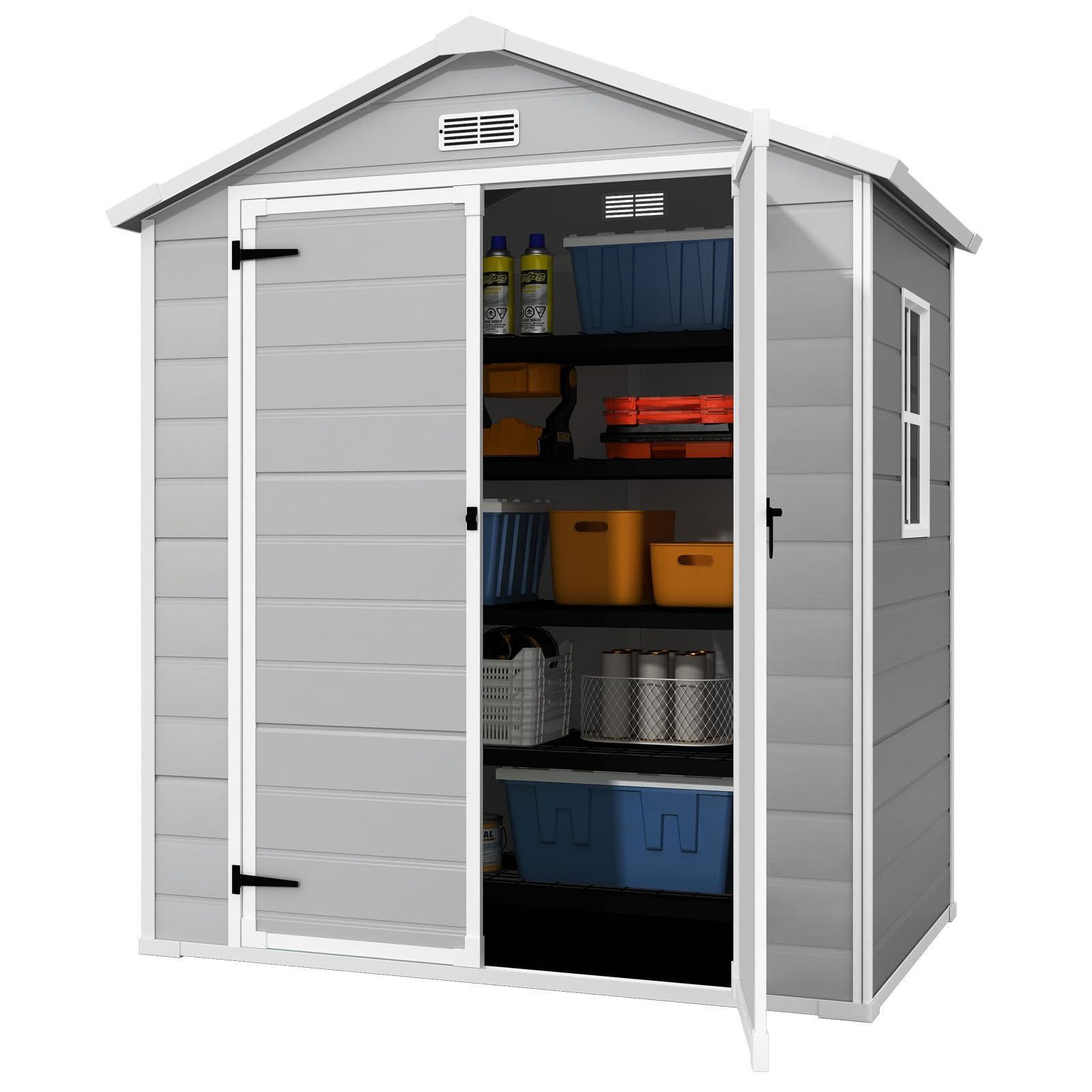 Resin Shed 6x4.4FT,Plastic Shed,Outdoor Storage Shed for Garden Tool,Waterproof Resin Shed with Floor,Lockable Doors for Patio,Yard,Lawn (Gray)