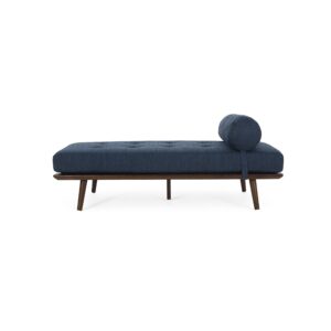 LOPOO Mid-Century Button-Tufted Fabric Chaise Lounge, Rubberwood Frame, Detachable Bolster Pillow, Waffle Stitch Design, 64" L x 29" W x 24.5" H, Stylish Splayed Legs, Iconic Design, Navy Blue