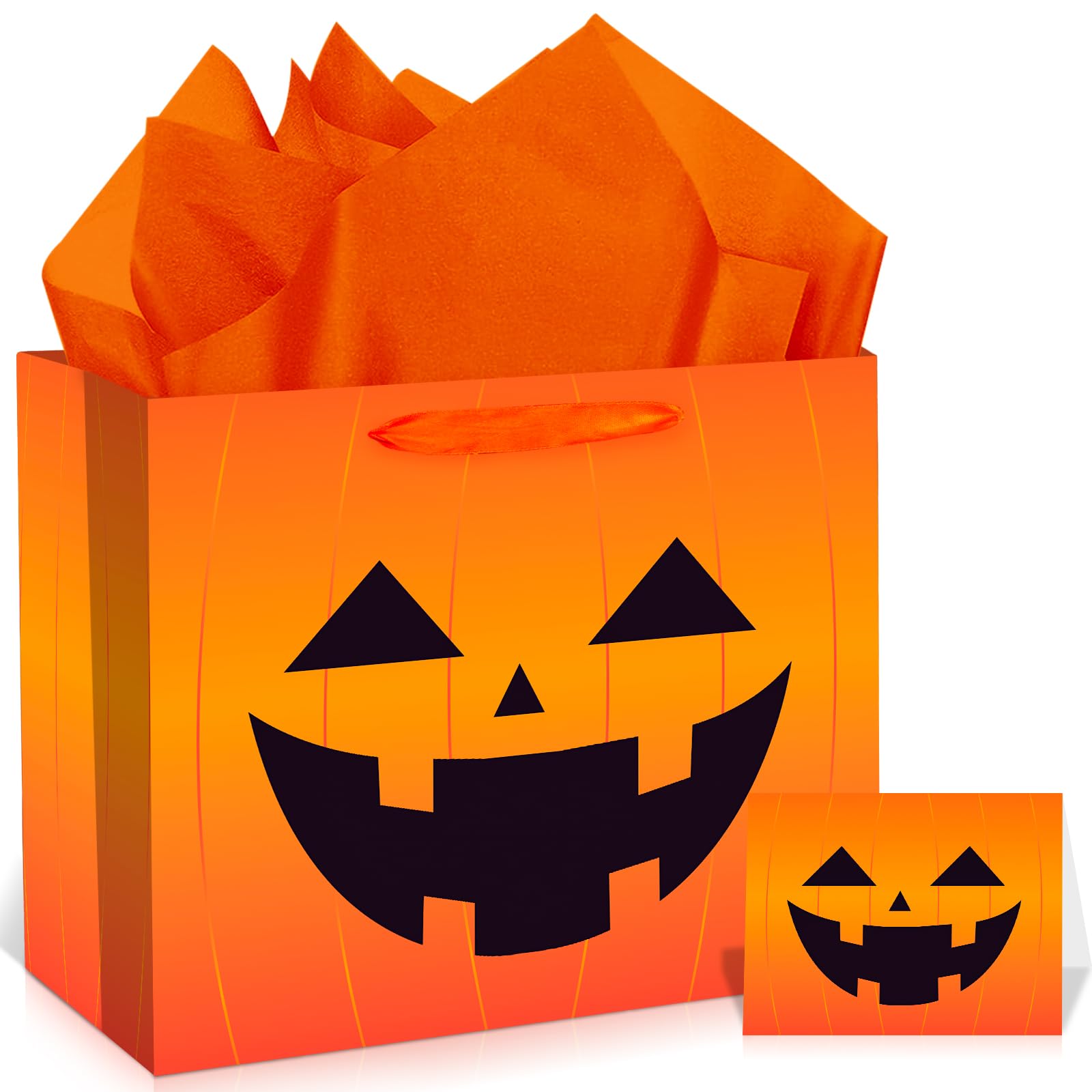 Large Orange Halloween Party Gifts Bags with Handles,Halloween Wrapping Tissue Paper with Greeting Card,Pumpkin Halloween Paper Bags Trick or Treat for Halloween Birthday Party Favors Gifts Supplies