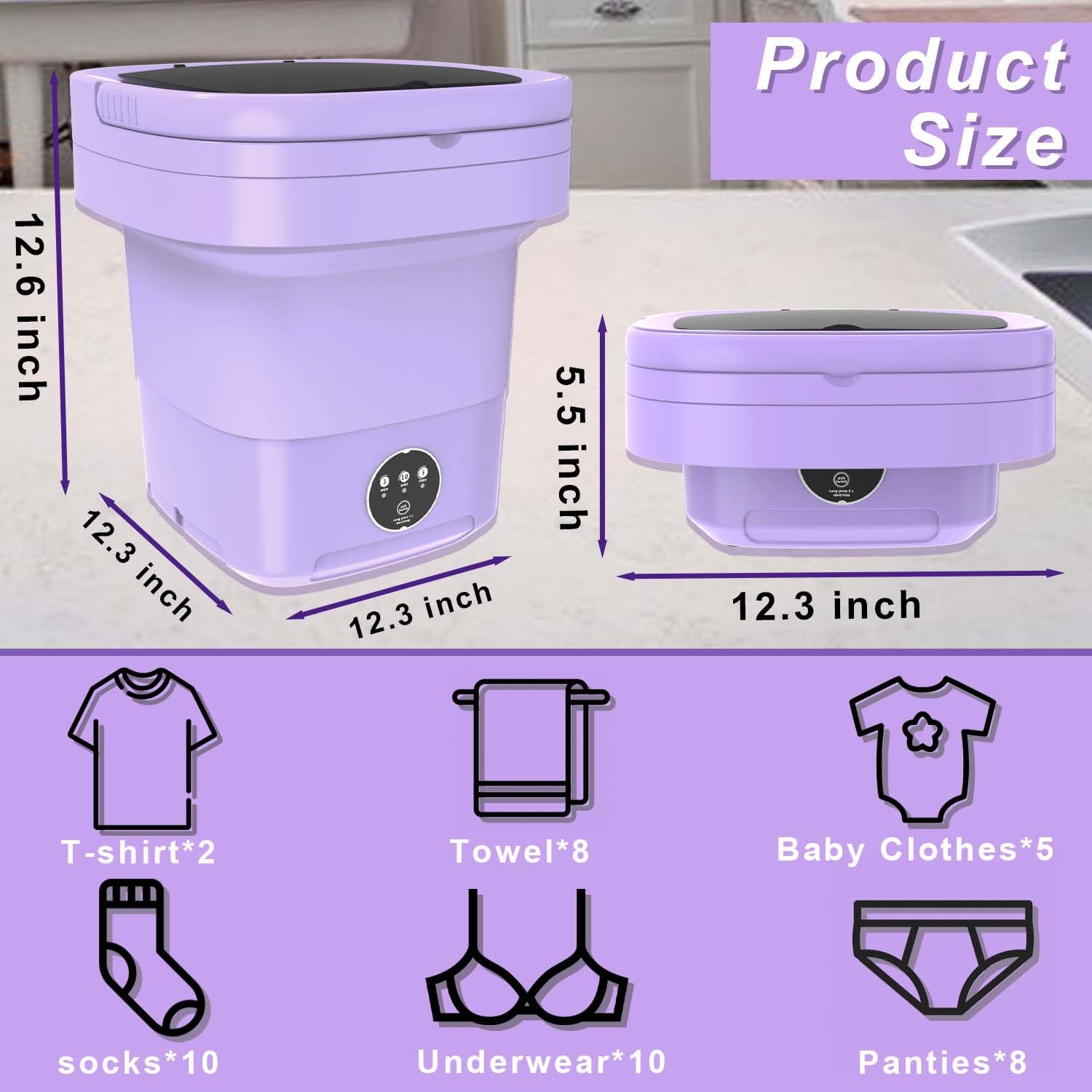 Mini Washing Machine, Portable Washer Machine and Dryer Foldable, 11L Large Capacity, Small Washer Machine, Smart Laundry Machine for Baby Clothes, Underwear, Camping, RV, Travel, Purple