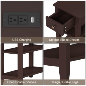 ChooChoo Narrow End Table Set of 2,Side Table Living Room with USB Ports & Power Outlets and Hidden Drawer, 3-Tier Skinny Nightstand with 2 Open Storage Shelves for Small Place(Espresso)