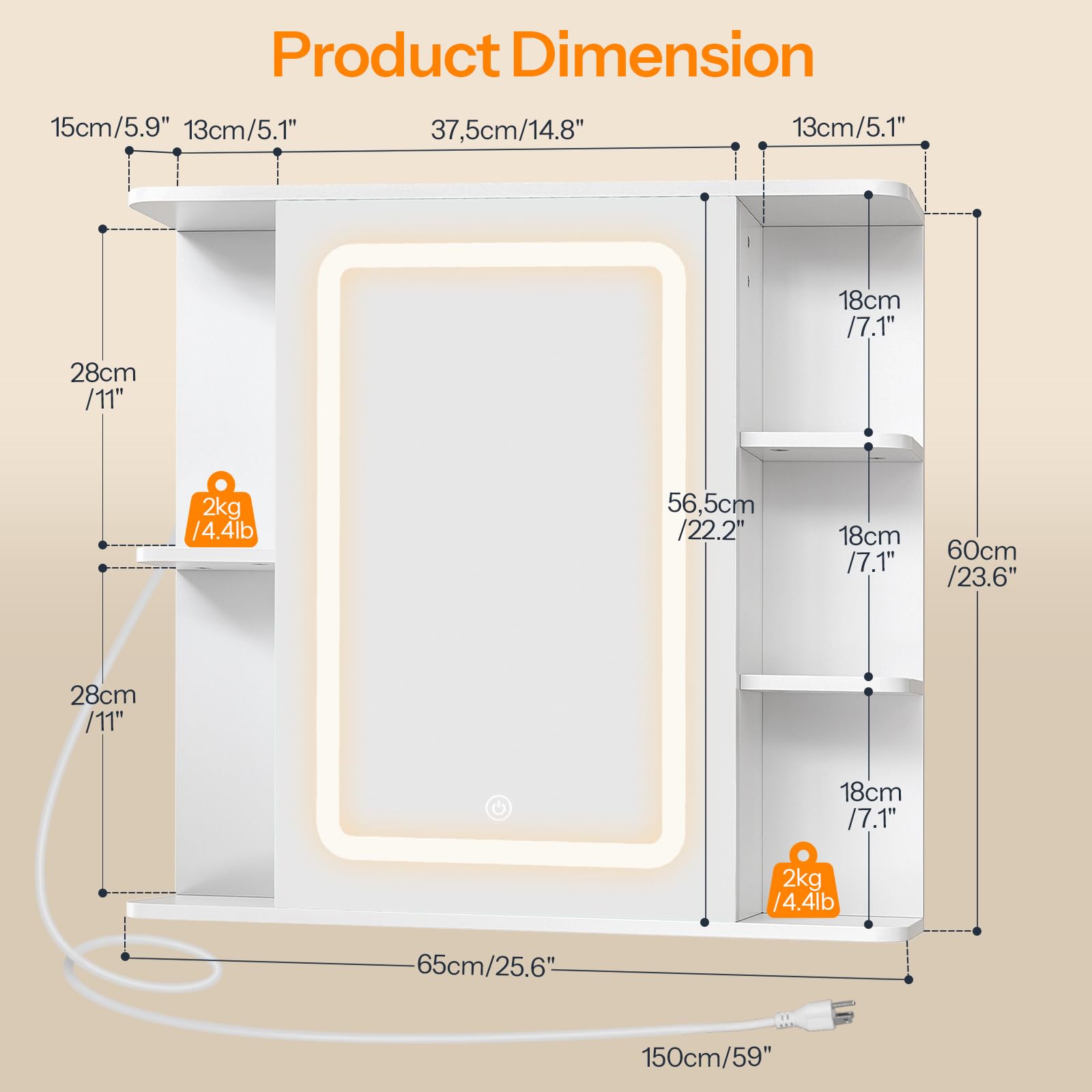 HOOBRO Bathroom Medicine Cabinet with Mirror, Wall-Mounted Cabinet with Storage, Lighted Medicine Cabinet with LED Lights, Charging Station, Adjustable Shelf, 5 Open Shelves, White