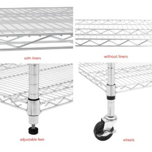 5-Tier Metal Wire Shelving Unit with Wheels, 60" L×24" W×72" H Heavy-Duty Adjustable Shelving and Storage Racks with Liners, for Commercial, School, Home, Garage, Warehouse, Industrial, Silver