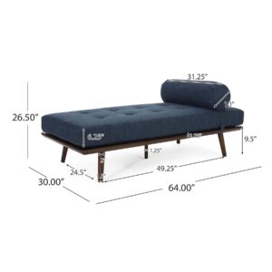 LOPOO Mid-Century Button-Tufted Fabric Chaise Lounge, Rubberwood Frame, Detachable Bolster Pillow, Waffle Stitch Design, 64" L x 29" W x 24.5" H, Stylish Splayed Legs, Iconic Design, Navy Blue