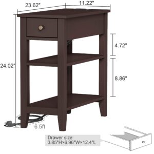 ChooChoo Narrow End Table Set of 2,Side Table Living Room with USB Ports & Power Outlets and Hidden Drawer, 3-Tier Skinny Nightstand with 2 Open Storage Shelves for Small Place(Espresso)