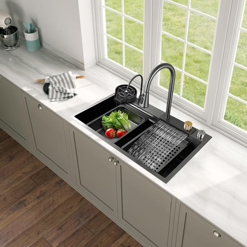 Waterfall Kitchen Sink, Single Bowl Stainless Steel Kitchen Sink,Drop-in Kitchen Sink 29.52