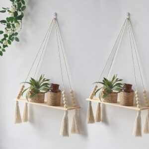 Cotton Macrame Wall Hanging Shelf for Home Decor - Woven Art for Home Decoration in Apartments, Dorms, Bedrooms, Living Rooms, Nurseries, Party Decorations - 14x5x22 Inches,-Set of 2 Pieces (White)