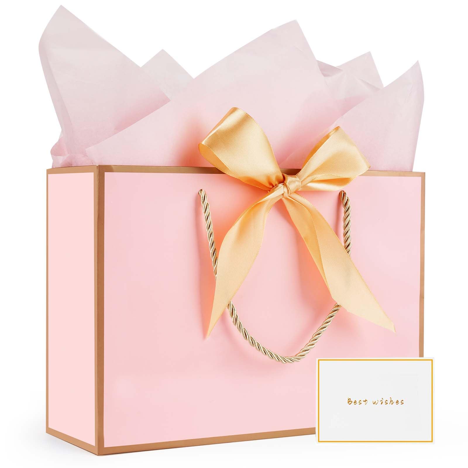 Gfractolux Large Gift Bags for Present, 1 Pcs Gift Bags for Women Men with Tissue Paper and Cards, Gift Bags for Birthdays, Baby Shower, Wedding, Party, Holiday 14.2" x 9.8" x 4.7" (Pink and Gold)