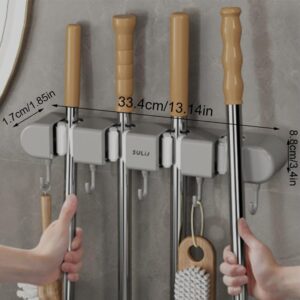 BBASILIYSD Punch Free Multifunctional Mop Holder,Multifunctional Mop Holder with Hook, Wall Mount Self Adhesive Broom,Broom Handle Holder with 3/4/5 Holders,for Kitchen, Bathroom, Garage