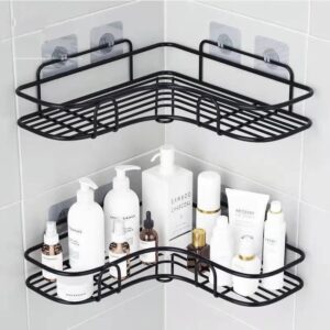 Generic Bathroom kitchen Punch Corner Frame Shower Shelf Wrought Iron Shampoo Storage Rack Holder with Suction Cup bathroom accessories, Corner/Shelf/Rack/Storage Organizer (Black(1pc))